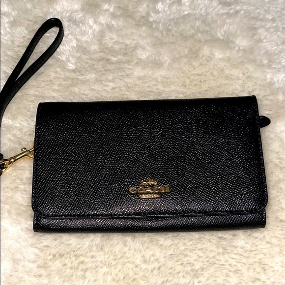 Coach Black Wristlet with Gold Accents Coach Flap Phone Wallet Midnight - Picture 3 of 11